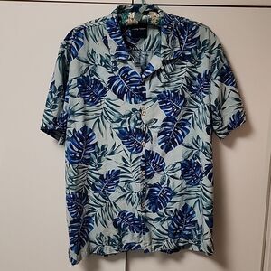 Tommy Bahama Blue Green Tropical Monstera Leaf Palm Hawaiian 100% Silk Shirt